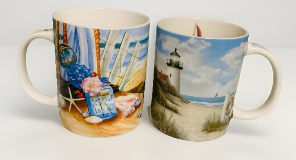 Cape Shore Ceramic (2) Coffee Mugs 12oz Lighthouse and Beach Scenes